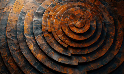 An intricate spiral sculpture crafted from layered wooden cross-sections. Generate AI