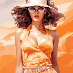 Sensual beautiful woman in hat trendy realistic artwork. Surreal apricot vivid portrait, fashionable painting illustration for printing , poster or wallpaper, advert summertime