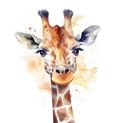 Cute giraffe with big eyes kids cartoon illustration digital artwork isolated on white. Funny baby giraffe, hand drawn watercolor for package, postcard, brochure, book