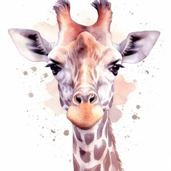 Cute giraffe with big eyes kids cartoon illustration digital artwork isolated on white. Funny baby giraffe, hand drawn watercolor for package, postcard, brochure, book