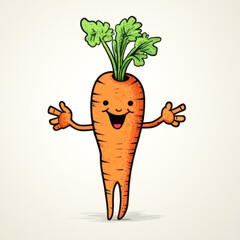 Carrot funny cartoon cute character with eyes, smile isolated on white background. Illustration vegetable for kid, sale, package, cutout minimal.