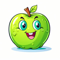 Green apple 3D funny cartoon cute character with eyes, smile on white background. Illustration for kid, sale, package, cutout minimal.