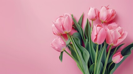 Fototapeta premium A stunning bouquet of tulips set against a pink backdrop to celebrate International Women s Day