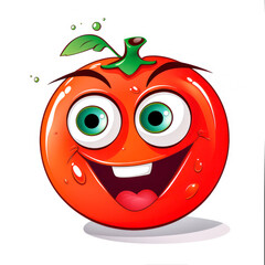 Tomato funny cartoon 3D cute character with eyes, smile on white background. Illustration vegetable for kid, sale, package, cutout minimal.