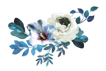 Blue and white flowers arrangement isolated on white. Beautiful watercolor flower bouquet artwork.