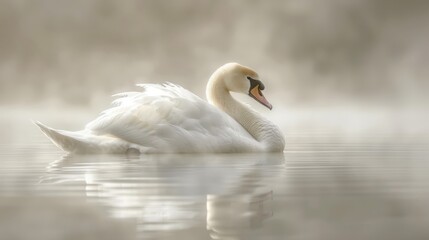   A white swan floats atop a serene lake, surrounded by a lush, green forest The scene is set under a gray, foggy sky
