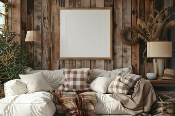 farmhouse living room interior with mockup frame cozy and rustic home decor 3d rendering