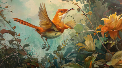 Amidst a vibrant landscape, a Rufous hornero forages for food, a graceful hunter in motion.