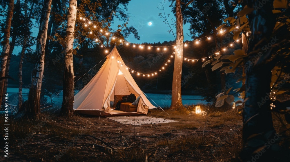 Poster a cozy tent lit by string lights under a night sky with the moon peeking through the trees.
