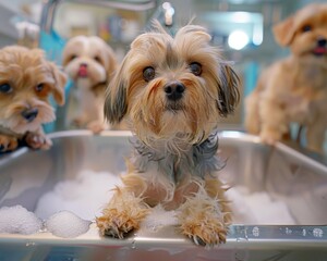 In a busy pet grooming salon, diverse pets are being pampered, highlighting the techniques used and the final results.