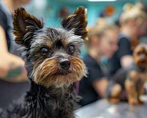 A bustling pet grooming salon, with a variety of pets receiving pampering, showcasing techniques and final results.