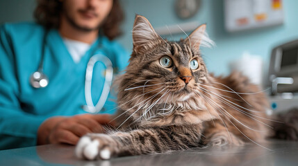 close-up photography of Gray Maine Coon cat at the veterinarian, veterinary clinic