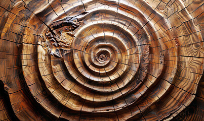 An intricate spiral sculpture crafted from layered wooden cross-sections. Generate AI