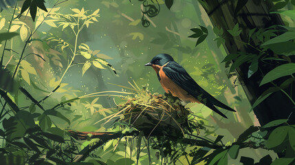 Amidst lush greenery, a barn swallow gathers nesting materials, a diligent worker of nature.