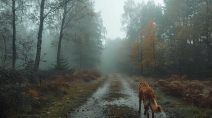 Early morning dog walks in a misty forest, peaceful ambiance, dogs exploring nature's beauty.