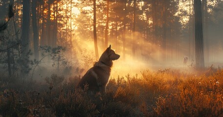 In the early morning, dogs take peaceful walks in a misty forest, exploring nature's beauty and enjoying the tranquil ambiance.