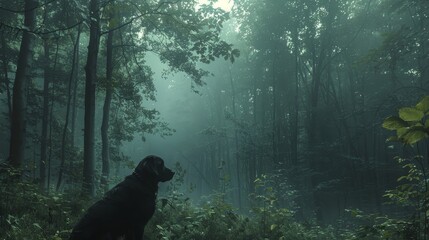 Dogs enjoying early morning walks in a misty forest, surrounded by a peaceful ambiance, exploring the beauty of nature.