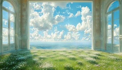 An indoor room painted to appear as an outdoor scene with sky and clouds on the ceiling and grass on the floors, blurring indooroutdoor boundaries, hyper realistic