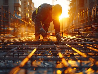 Dynamic shot of a worker bending rebar at a construction site, muscles tensed, under the glow of the morning sun, ultra HD - obrazy, fototapety, plakaty