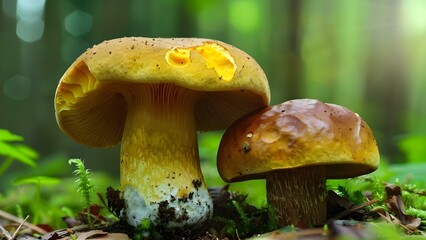 Closeup of two edible Boletus Edulis mushrooms growing in forest. Concept Closeup Photography, Forest Mushrooms, Boletus Edulis, Edible Fungi, Nature Macro Shots