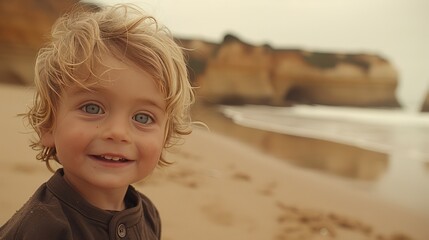 Young child with a surfboard on the beach looking at the sea. The future surfer's anticipation.