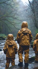 Three people in yellow rain suits standing on a rock by the water, AI