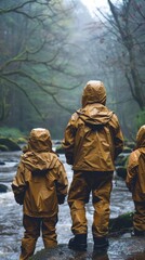 Obraz premium Three people in yellow rain suits standing on a rock by the water, AI