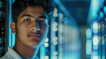 The close up picture of the IT specialist man from south asia is looking at camera and working in the server room, the IT specialist require skill like technology knowledge and data analysis. AIG43.tt