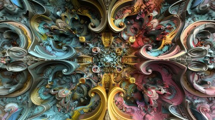 Fototapeta premium Lavish antique baroque, barocco ornate marble ceiling non linear reformation design. elaborate ceiling with intricate accents depicting classic elegance and architectural beauty