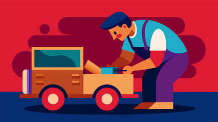 A skilled artisan delicately sanding down an old wooden toy truck ready to paint it in bright bold colors.. Vector illustration