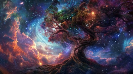 Surreal digital art portraying Yggdrasil as a pulsating nexus of energy, radiating vibrant hues, with intricate cosmic patterns entwined in its branches. Generative AI