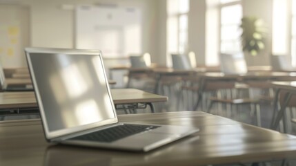 Modern educational workspace: Open laptop on a wooden desk in a sunlit classroom with blurred out background, ads related to tech, education, and remote learning trends.