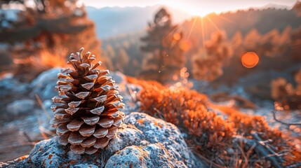   A tight shot of a pinecone atop a weathered rock amidst the woods Sunset silhouettes in the backdrop - Powered by Adobe
