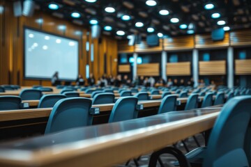 Naklejka premium Modern conference room with teal chairs and wooden accents, corporate, education, and tech themes. Shallow focus enhances a professional setting.