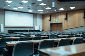 Fototapeta premium Modern lecture hall with neutral tones and contemporary design, educational or corporate promotions