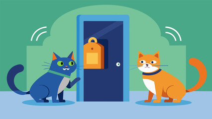 A pair of playful cats engage in a game of tag darting in and out through the smart pet door as their faces are effortlessly detected by the. Vector illustration