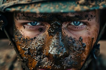 intense closeup portrait of a soldier at war face covered in mud conveying the gritty reality of combat dramatic photography