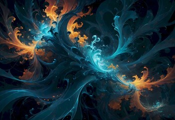 Abstract dynamic pattern featuring swirling shapes, with deep blues, blacks, and vibrant oranges, creating a visually striking contrast, almost like flames or liquid swirling together, Generative AI.