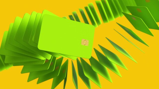 Many green credit cards are collected in a pile on a yellow background. 3D rendering animation.