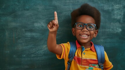 Back to school. Funny little boy African in glasses pointing up on blackboard. Child from elementary school with book and bag. Education. Concept of lifelong learning