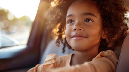 Black little girl sits quietly in the back seat of a car, looking out the window as the vehicle moves along.