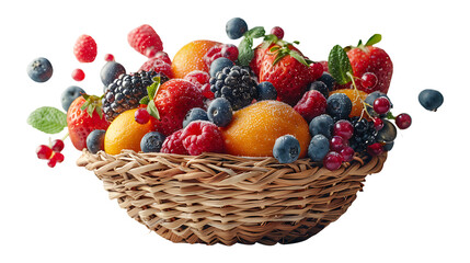 Fresh fruits falling from above in a basket on a transparent background
