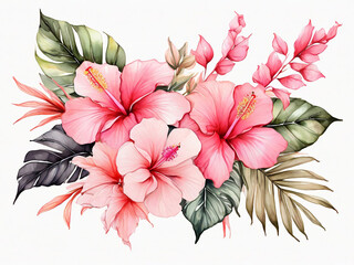 Tropical bouquet Hand drawn watercolor painting with pink Chinese Hibiscus rose flowers and palm leave isolated on white background Floral summer composition
