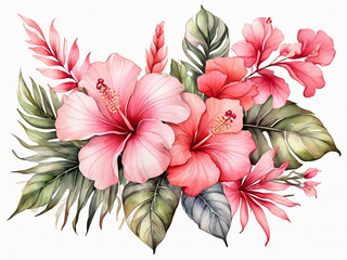 Tropical bouquet Hand drawn watercolor painting with pink Chinese Hibiscus rose flowers and palm leave isolated on white background Floral summer composition