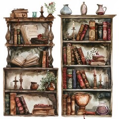 A captivating watercolor illustration of vintage bookshelves filled with ancient books, magic potions, candles, and mystical objects, evoking a sense of wonder and enchantment.