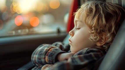 A young male child peacefully sleeps in the back seat of a vehicle while on a journey.