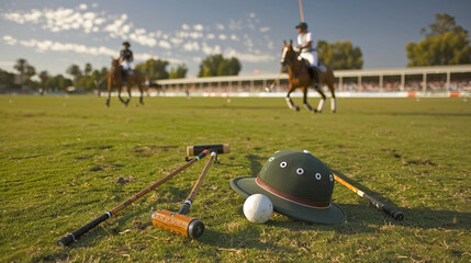 low angle ground level photography of polo sticks, ball and hat, blurred polo match happening in the background