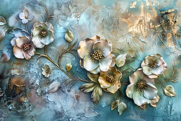 metallic blooms abstract floral composition with textured elements mixed media painting