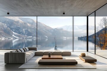 minimalist modern living room interior with stunning mountain lake and snow views