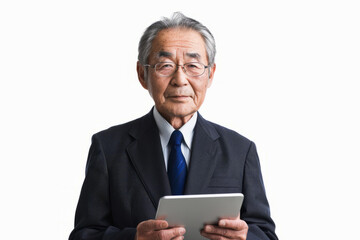 Content mature Japanese businessman using a digital tablet, isolated on a white background. A middle-aged CEO executive in a suit, an older male professional entrepreneur, looking at the camera.